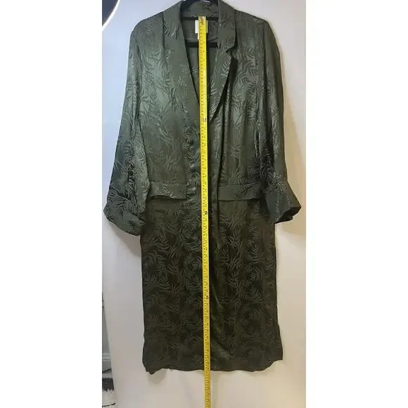 H&M Trend Khaki Green Silky Palm Leaf Print Kimono Long Jacket Sz M - Picture 3 of 10
